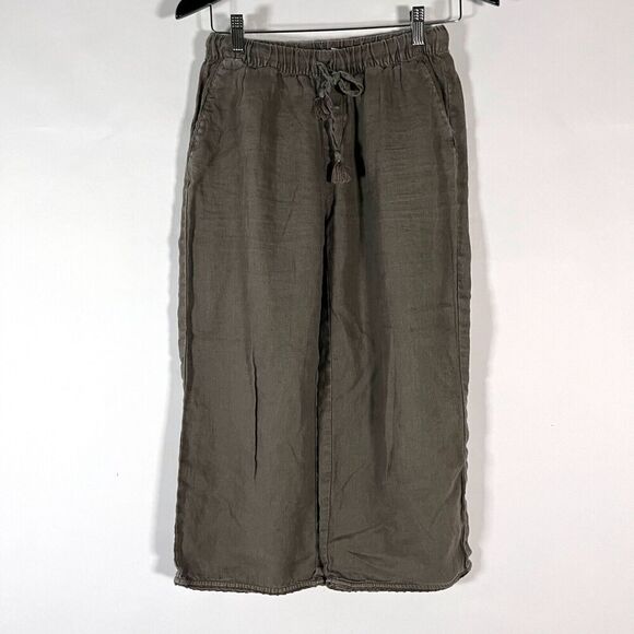 Garnet Hill Linen Pants Wide Leg Crop Crochet Edging Size 2 Army Green Lagenlook - Picture 1 of 11